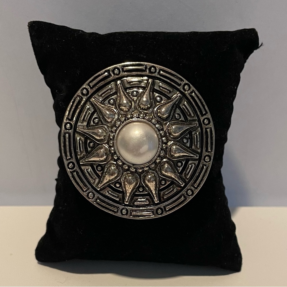 Vintage, Silver Tone and Faux Pearl, Sundial, Pin, Brooch